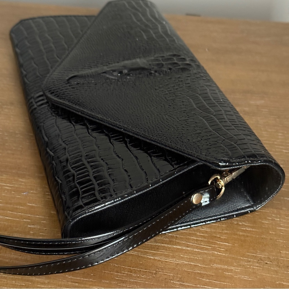 Crocodile Pattern Women Clutch Purse Envelope Bag Black - Picture 3 of 8